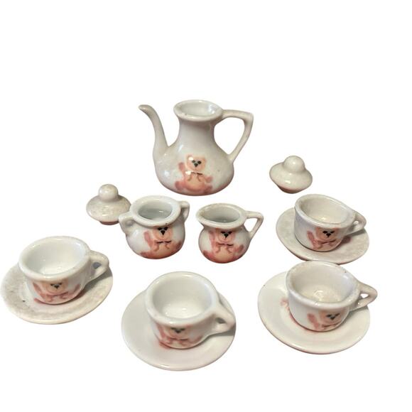 Miniature Tea Set Play Dishes Porcelain Pink Rose Teapot Creamer Sugar Dish Mini - Picture 1 of 1